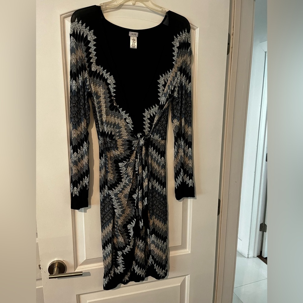 Cache Black and White Faux Wrap Dress, V-Neck, Long Sleeves